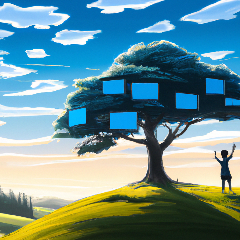 japan, tokyo, trees, izakaya, anime oil painting, high resolution, studio ghibli character, 4k, a person standing on a green hill under a tree on a sunny day, deeply engaged in managing several transparent computer screens hovering in the air in front of them, their right arm is raised to one of the screens